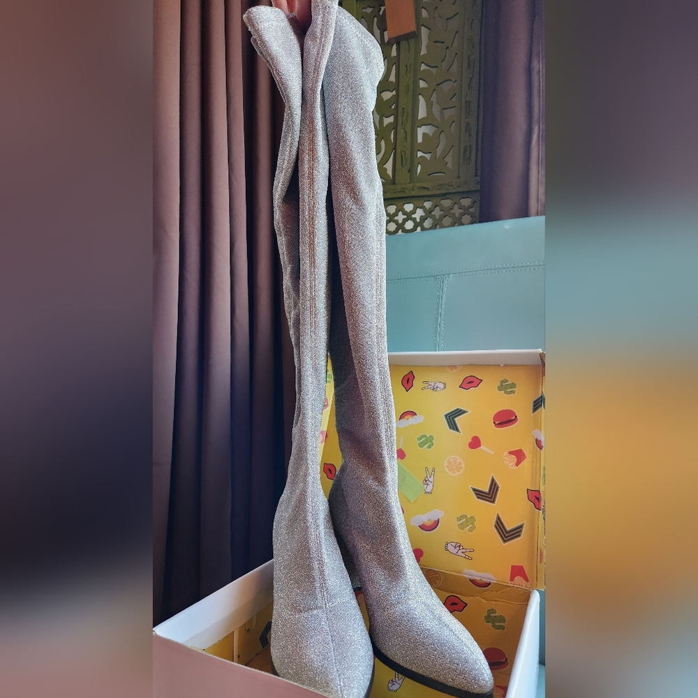 SILVER OTK Privileged by LEMON DROP Over the Knee Glitzy Stretch Pull On Boots 9 - Picture 6 of 12